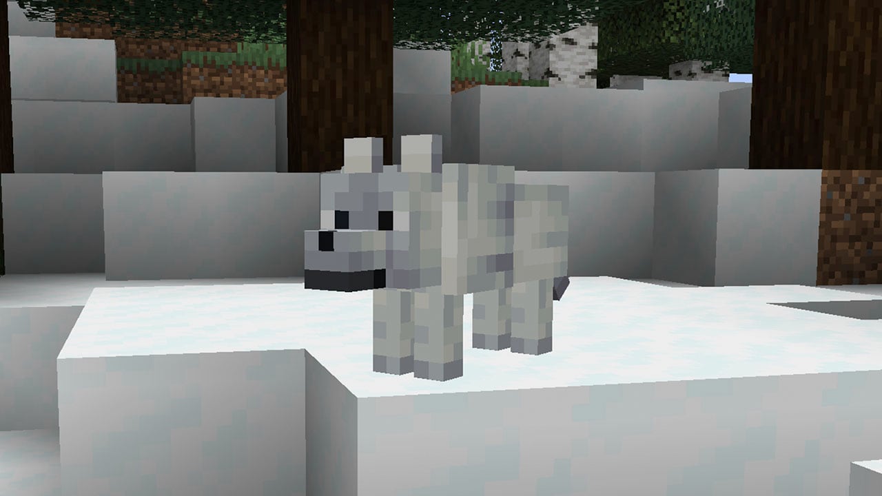 A screenshot of the snowy wolf, one of the new wolf variations coming to Minecraft A screenshot of the snowy wolf, one of the new wolf variations coming to Minecraft